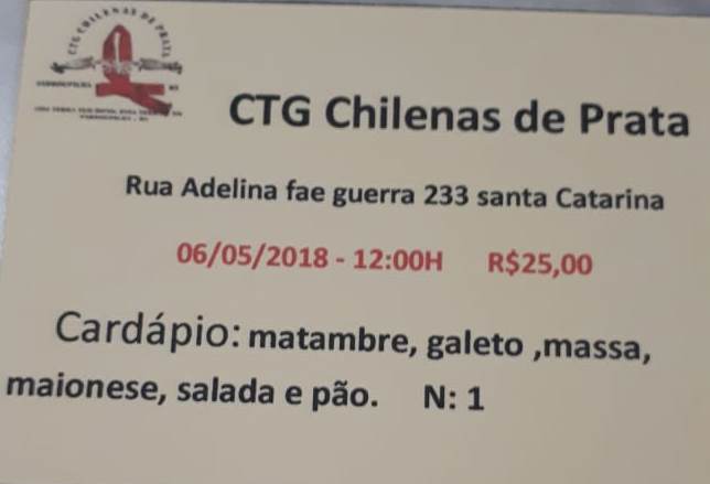 CTG Chilenas de Prata convida para convida para almoço dia 6 de maio de 2018.